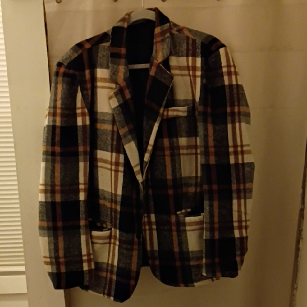 Plaid Wool Blazer in Black, Cream & Brown